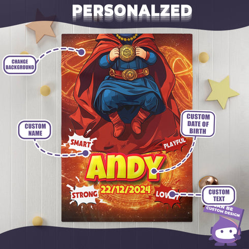 Personalized Baby Blanket – Baby Sorcerer Supreme with Custom Name & Birthdate (Doctor Style)